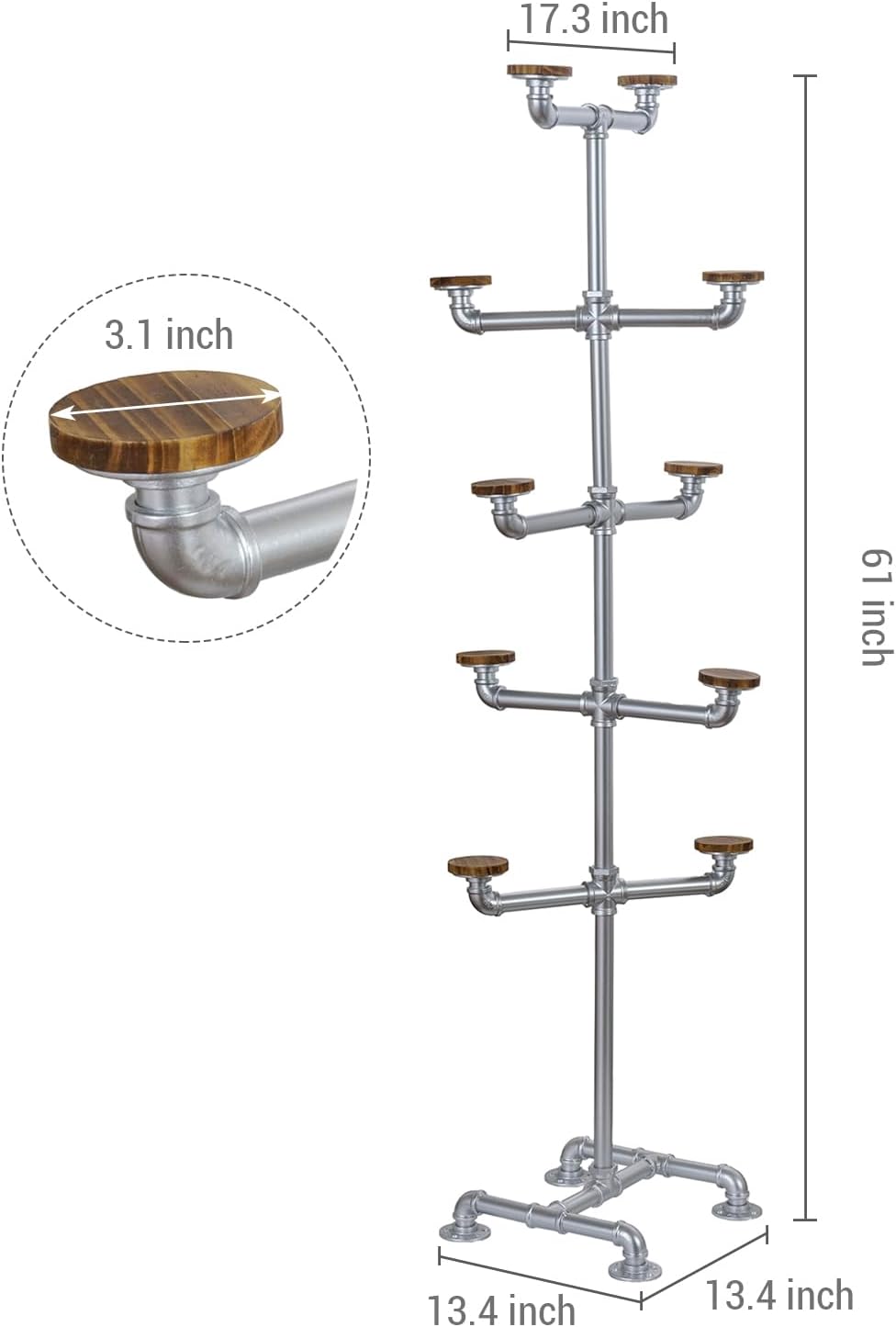 MyGift Industrial Silver Tone Metal Pipe Rack with 10 Round Wood Hat Hangers