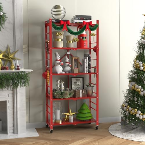 Himix 5-Tier Foldable Storage Shelves with 20 Hooks Red