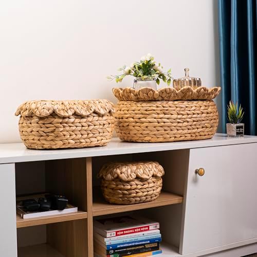 Set of 3 Wicker Storage Baskets with Lid - Decorative Water Hyacinth Bins