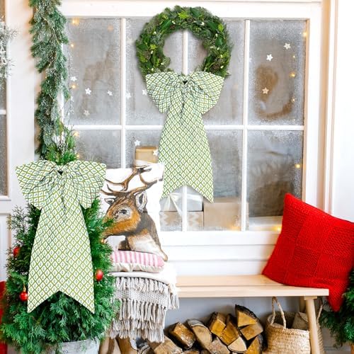 2 Pcs Green Block Print Wreath Sash for Front Door