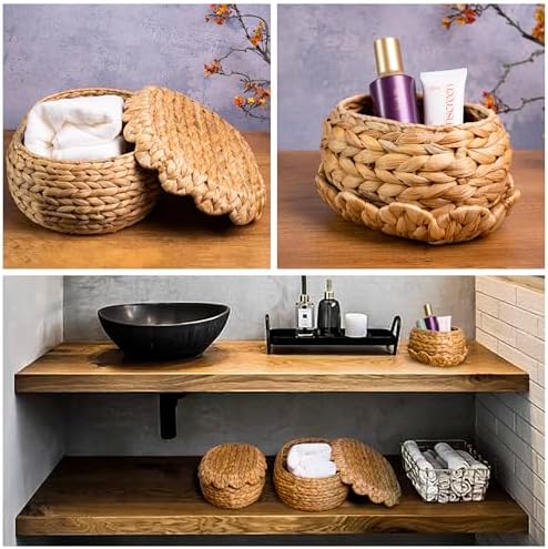Set of 3 Wicker Storage Baskets with Lid - Decorative Water Hyacinth Bins
