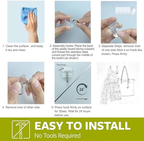 15 Clear Wall Hooks with 20 Strips No Damage No Tools