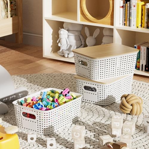 Small 5 Quart Plastic Storage Bin with Bamboo Lid 6 Pack
