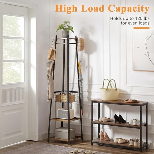VECELO Freestanding Coat Rack with Metal Basket and Shelves