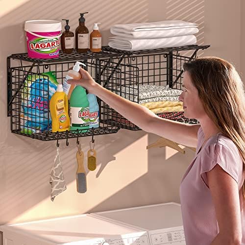 2 Pack Laundry Room Shelves with 8 Hooks Black