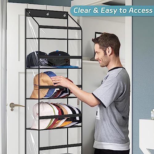 AOODA Clear Over The Door Hat Racks for Baseball Caps 72 Caps Storage Organizer 3 Hooks Black