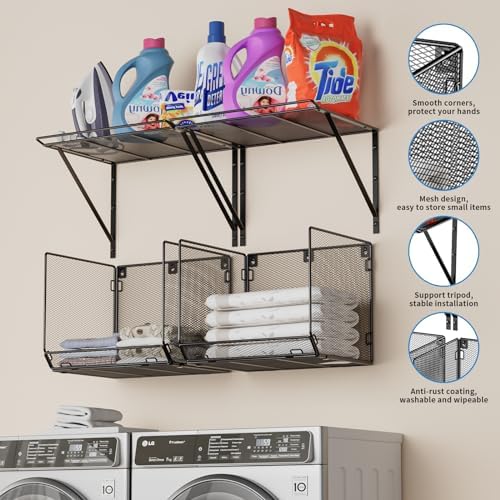 2 Pack Laundry Room Shelves with Wire Mesh Baskets and Wall Mount Clothes Drying Racks