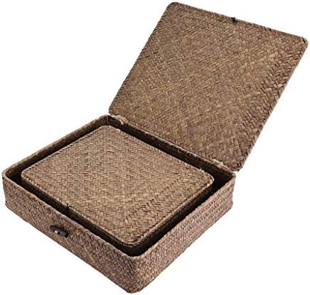 Hipiwe Set of 2 Flat Woven Seagrass Storage Bins with Lid