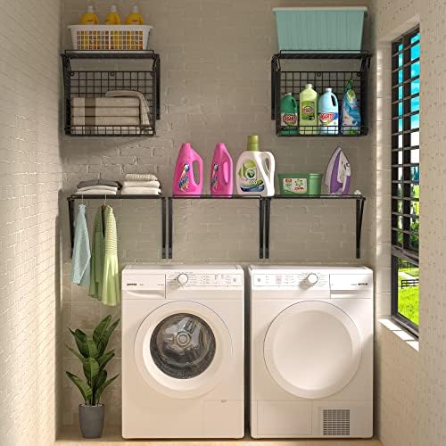 2 Pack Laundry Room Shelves with 8 Hooks Black