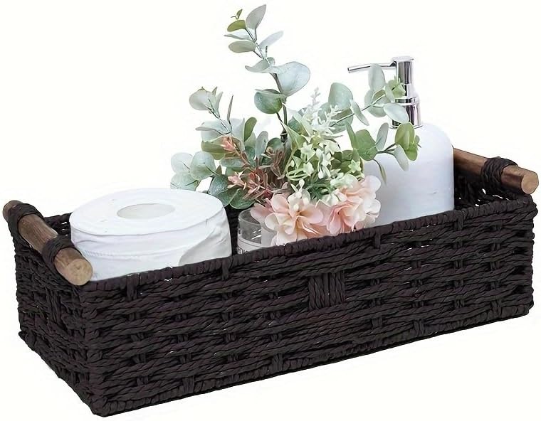 Black Paper Rope Storage Basket with Wooden Handle 1PC