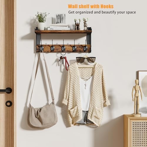 Wall Hooks with Shelf Wood Coat Rack with 5 Metal Hooks
