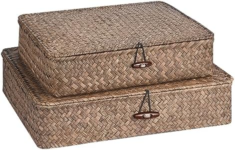 FOSSORH Set of 2 Flat Seagrass Storage Bins with Lid