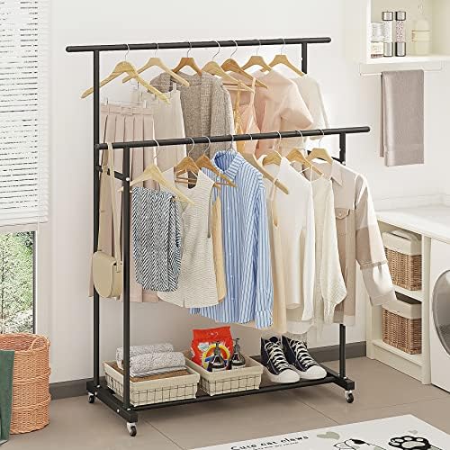 Calmootey Double Rod Garment Rack Rolling Clothes Organizer Portable for Bedroom Living Room Clothing Store Black
