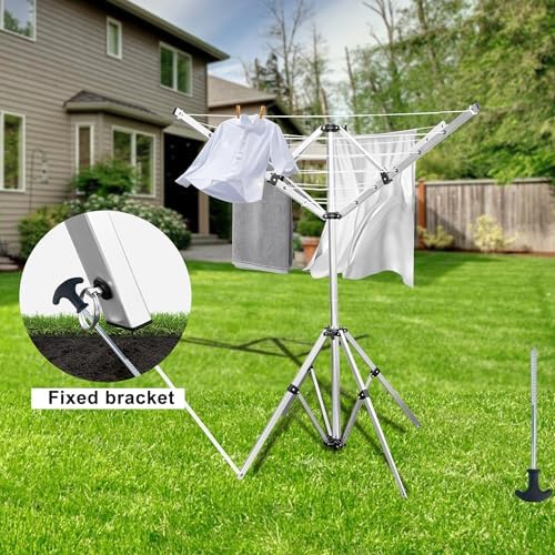4-arm Telescopic Aluminum Drying Rack with 28 Ropes and Windproof Rotating Design