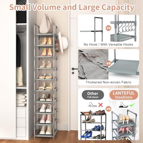 LANTEFUL 10-Tier Narrow Shoe Rack for 10-15 Pairs Space Saving Grey Organizer