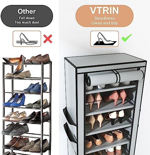 VTRIN 10 Tier Vertical Narrow Shoe Rack Organizer Tall Free Standing Grey