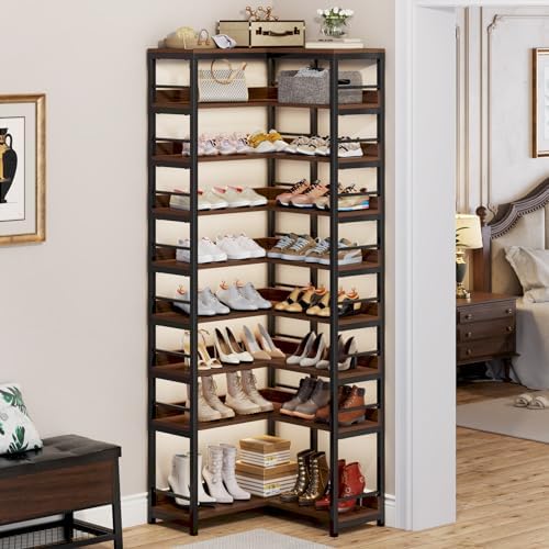 Tribesigns 9 Tiers Corner Shoe Rack Rustic Brown Space Saving