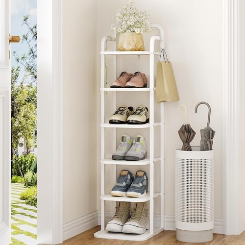 6 Tiers Vertical Shoe Rack Narrow Design Adjustable Shelves Corner Organizer for Small Spaces White SR04213W
