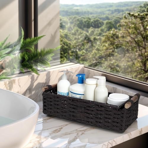 Black Paper Rope Storage Basket with Wooden Handle 1PC