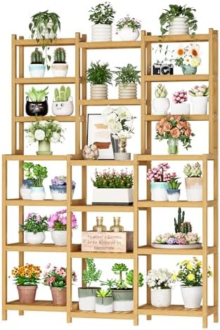 Fotosok Bamboo Shelf 7 Tier 3 Row Plant Stand