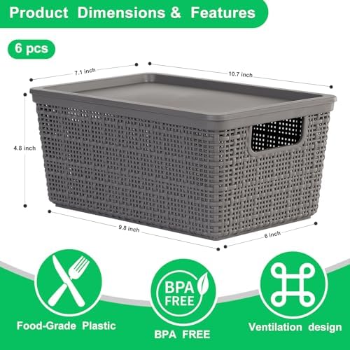 6 Pack Stackable Plastic Baskets With Lids