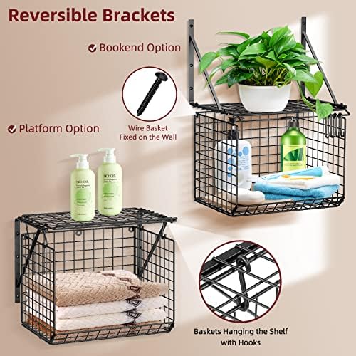 2 Pack Laundry Room Shelves with 8 Hooks Black