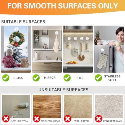 KORCCI Suction Cup Hooks 12 Pack - 10LB Load Clear Medium No Trace Reusable Stainless Steel