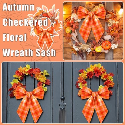 YLOLUL 2 Pcs Fall Wreath Sash for Front Door Buffalo Check Satin Bow DIY Autumn Garland Decor
