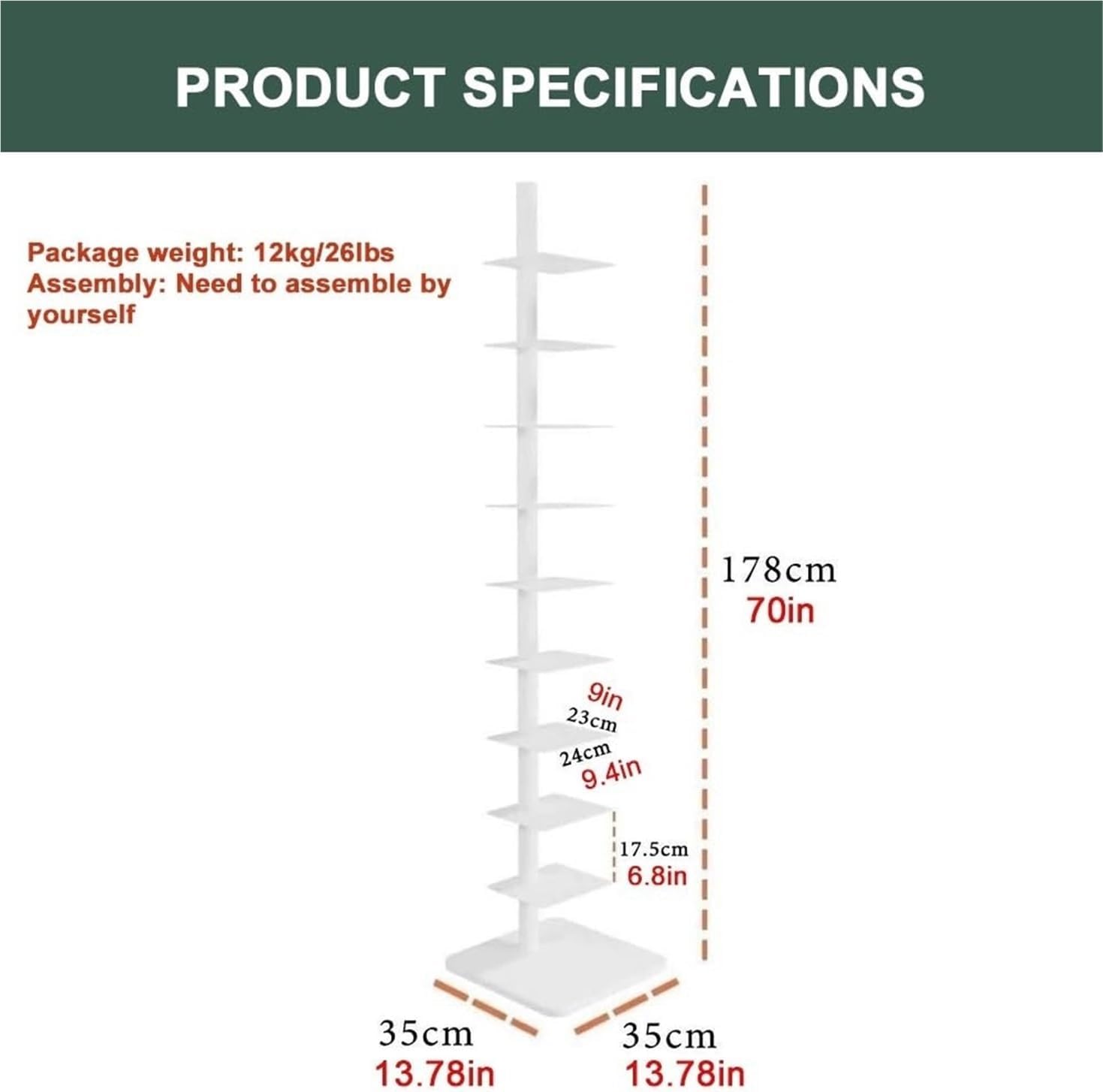 9-Tier Adjustable Carbon Steel Vertical Bookshelf Corner Display Shelf for Home Office Living Room Orange