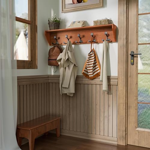 SKOLOO Wall Shelf with Hooks 24-Inch Cherry Coat Rack Organizer - Lightweight Sturdy