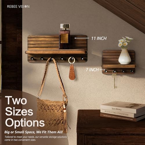 Rebee Vision Farmhouse Key Holder Wall Mount with 6 Hooks and Floating Shelf