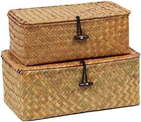 Set of 2 Wicker Baskets with Lid for Storage