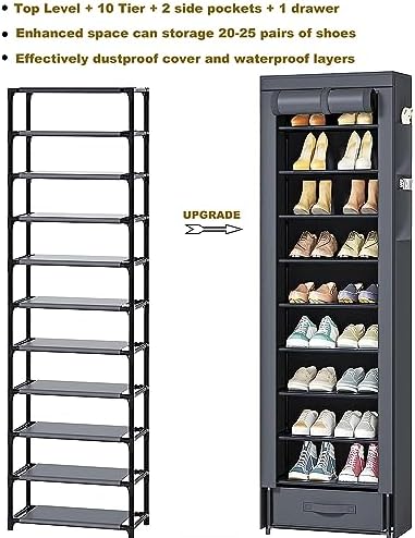 10 Tier Tall Narrow Shoe Rack with Dustproof Cover Storage Organizer