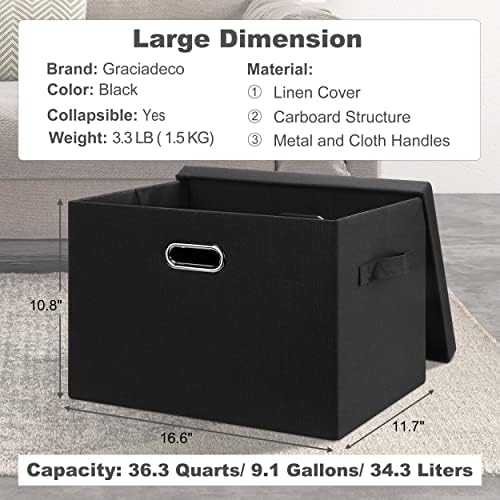 Graciadeco 17 Inch 36 Quart Collapsible Storage Bins with Lids 5 Pack Black Linen Fabric Closet Boxes