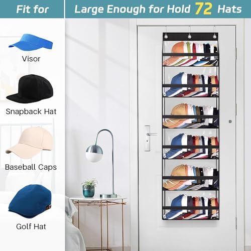 AOODA Clear Over The Door Hat Racks for Baseball Caps 72 Caps Storage Organizer 3 Hooks Black