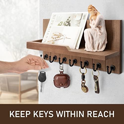 Rebee Vision Key Holder for Wall - Farmhouse Rustic Mail Organizer with 7 Sturdy Key Hooks Retro Brown