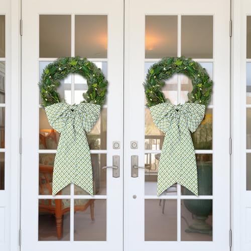 2 Pcs Green Block Print Wreath Sash for Front Door