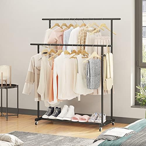 Calmootey Double Rod Garment Rack Rolling Clothes Organizer Portable for Bedroom Living Room Clothing Store Black