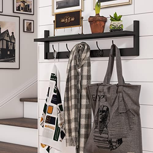 BAMEOS Wall Mounted Shelf with Hooks - Black