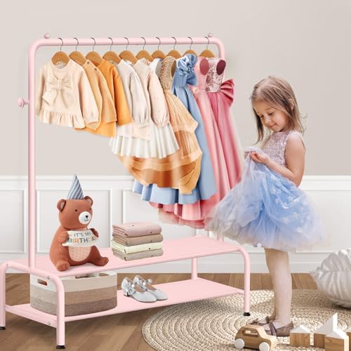 Kids Dress Up Rack with 2 Fabric Shelves and U-Shape Base