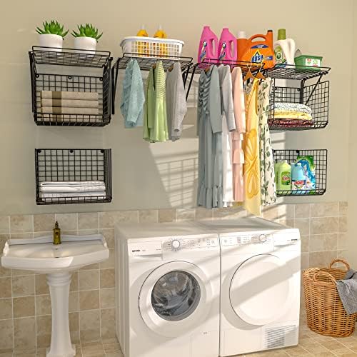 2 Pack Laundry Room Shelves with 8 Hooks Black