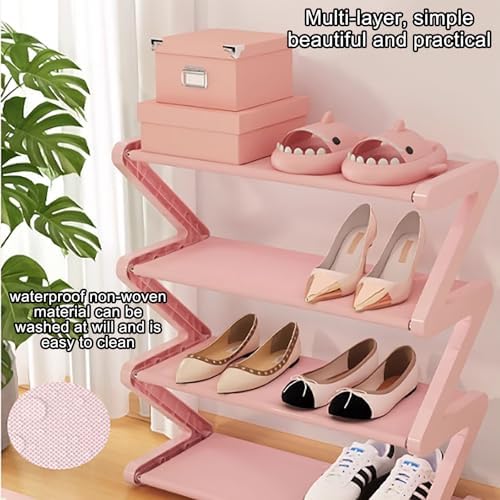 4-Tiers Simple Shoe Rack with Non-Woven Fabric Pink