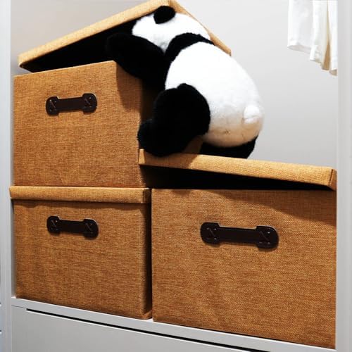 EnzkUnity Lidded Storage Bins 3-Pack Brown Fabric Linen Foldable Basket with Handle