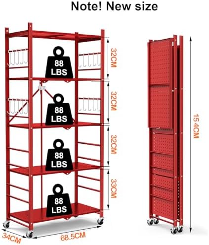 Himix 5-Tier Foldable Storage Shelves with 20 Hooks Red
