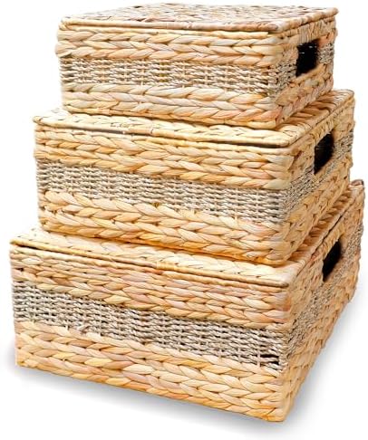 Bezoval Wicker Storage Baskets with Lids Set of 3 Rectangular Boxes
