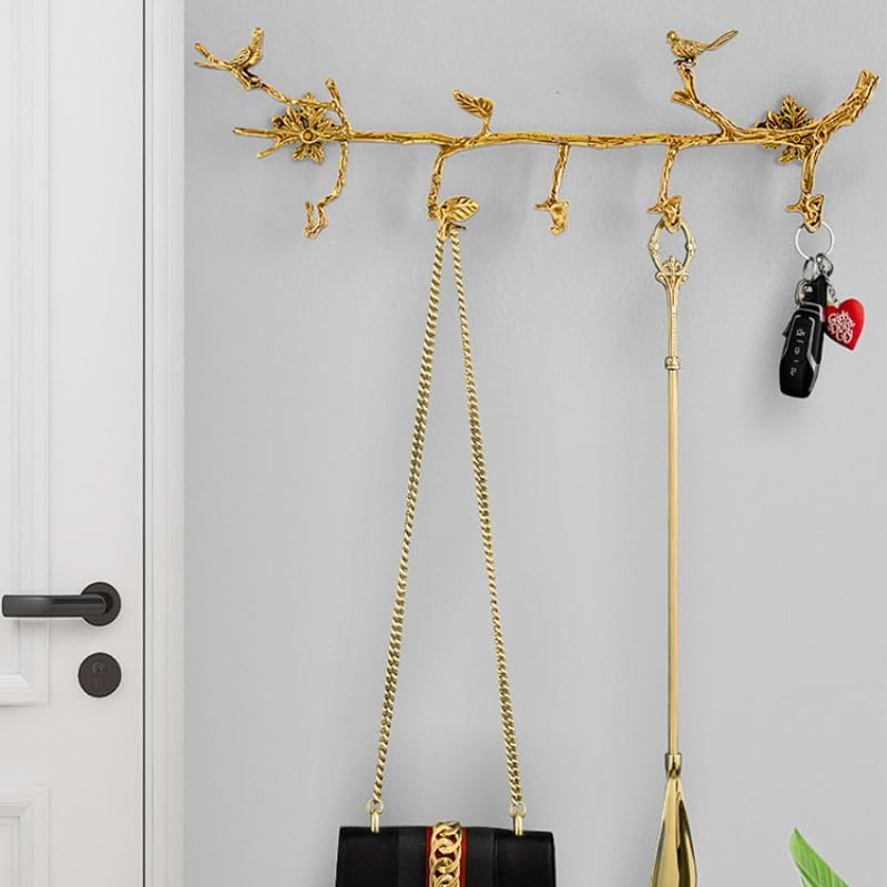 Brass Wall Mounted Hanger with 6 Hooks and Bird Decor