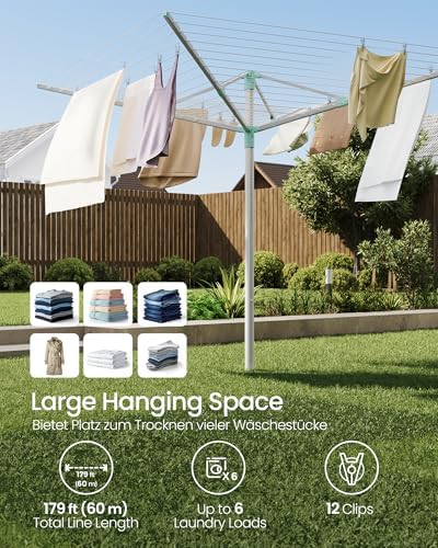 SONGMICS Retractable Clothesline Drying Rack with Ground Spike and Cover