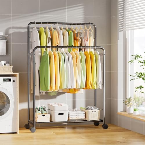 Simple Trending Double Rod Garment Rack with Wheels Black