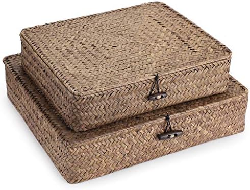 Hipiwe Set of 2 Flat Woven Seagrass Storage Bins with Lid