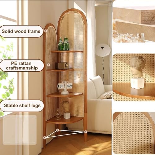 Tall 4-Tier Wood Corner Shelf with PE Rattan Weave Orange